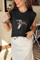 黑色西部牛仔刺绣圆领无袖毛衣