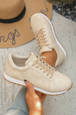 驼色纯色人造绒面革系带运动鞋