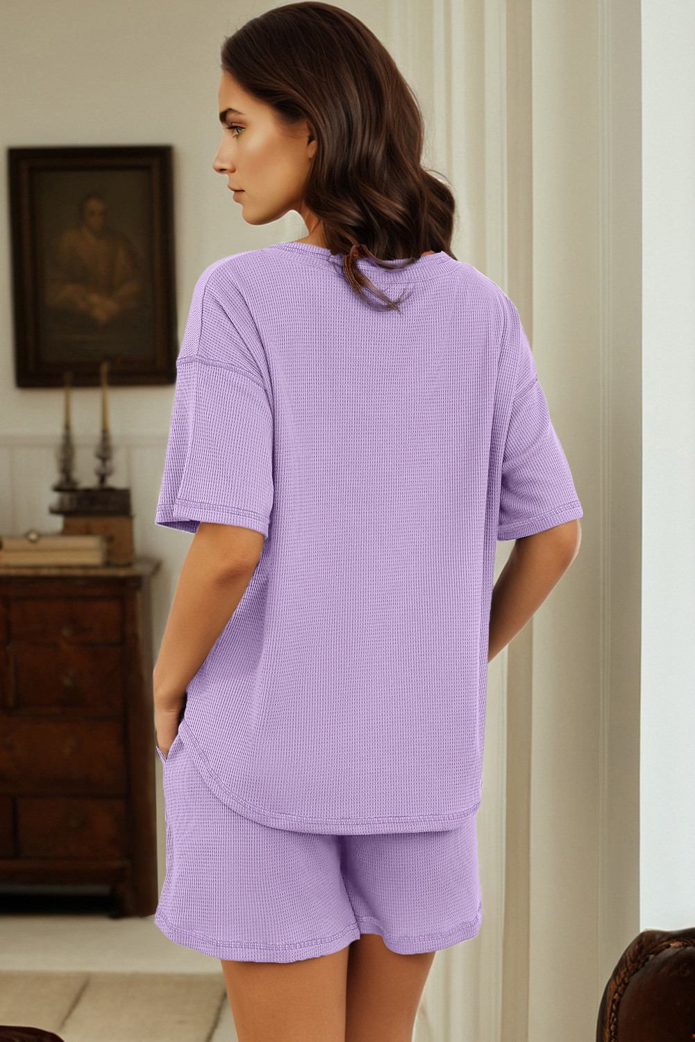 兰花花瓣纯色华夫格 V 领宽松 T 恤抽绳短裤套装 LC626808