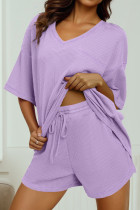 兰花花瓣纯色华夫格 V 领宽松 T 恤抽绳短裤套装