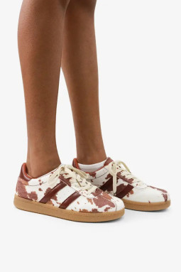 白色复古动物印花仿麂皮对比细节系带鞋