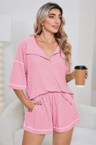 粉色透气华夫格拼色镶边2件套休闲短裤套装