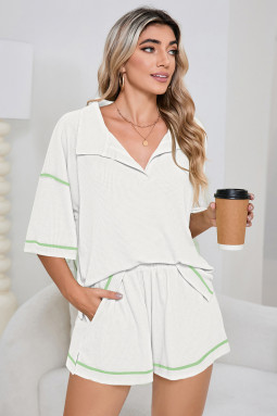 白色透气华夫格色块装饰2件套休闲短裤套装