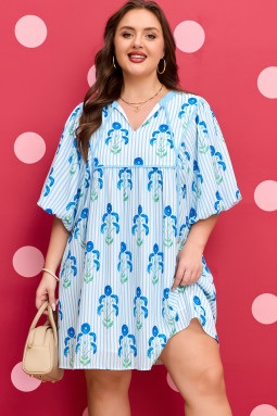 天蓝色碎花条纹泡泡短袖大码连衣裙