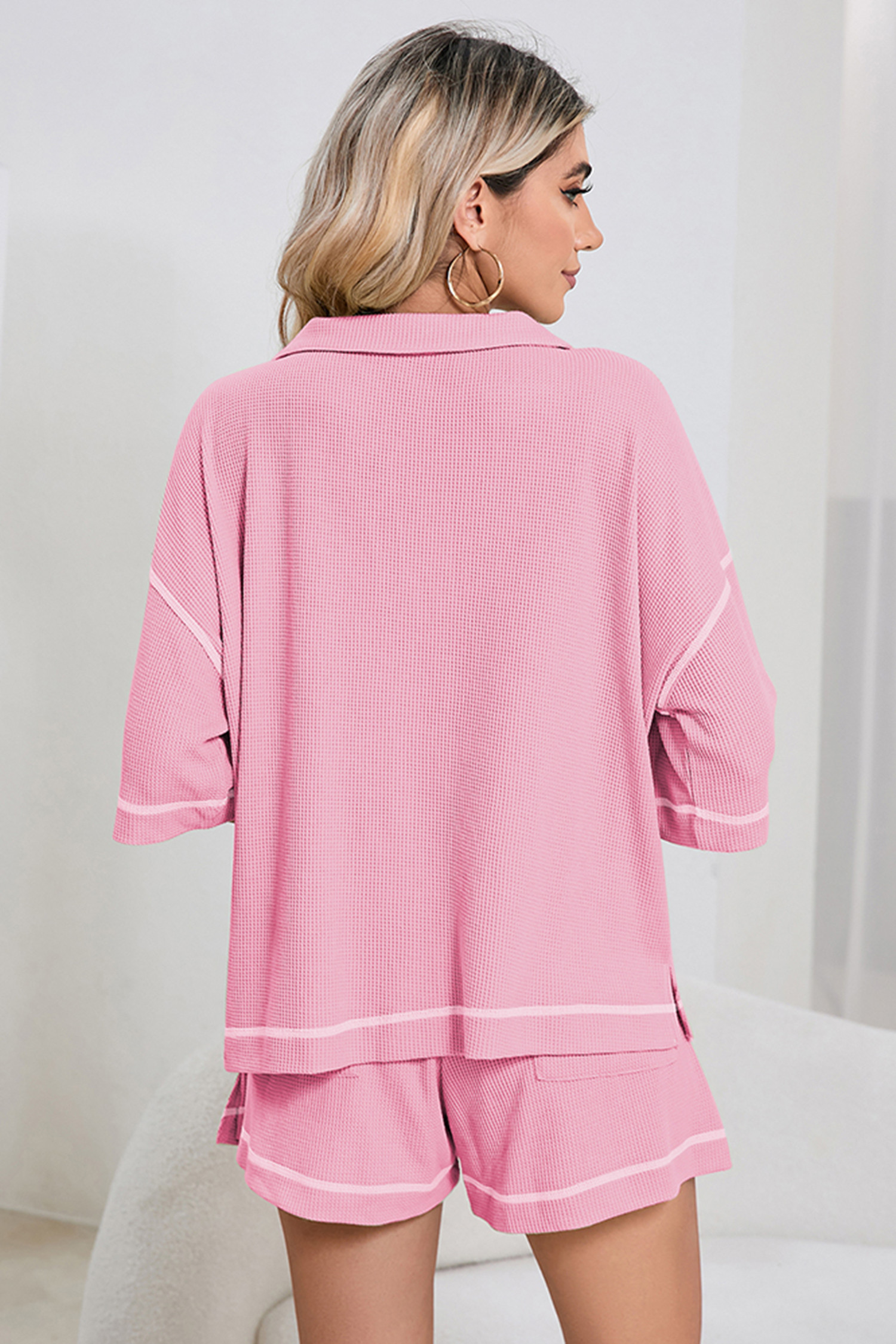 粉色透气华夫格拼色镶边2件套休闲短裤套装 LC626149