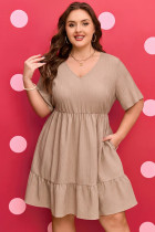 深卡其色大码纹理荷叶边短袖连衣裙