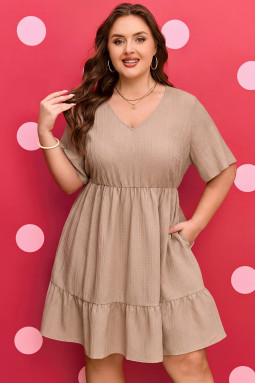 深卡其色大码纹理荷叶边短袖连衣裙