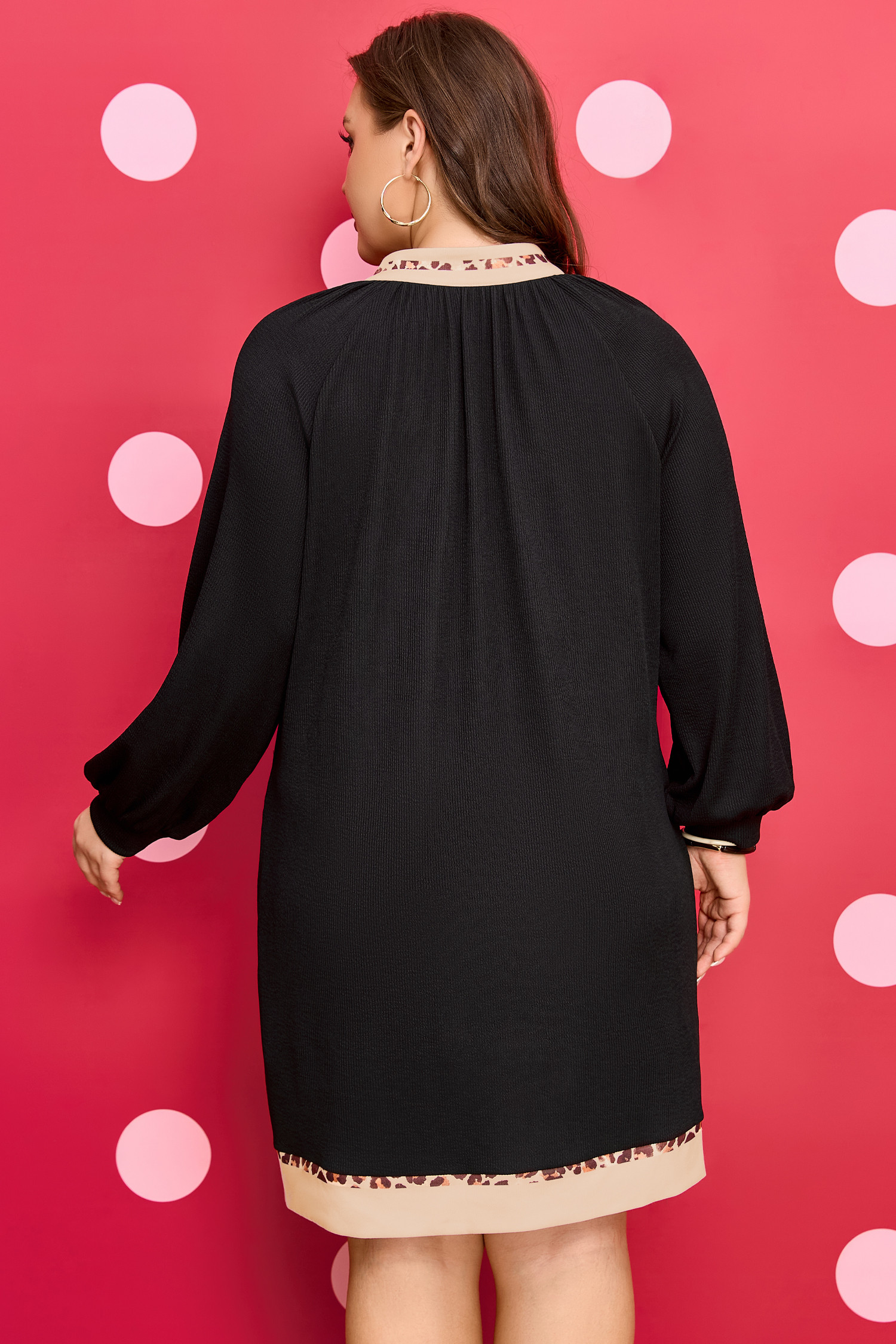 黑色撞色豹纹大码罗纹连衣裙 PL613421