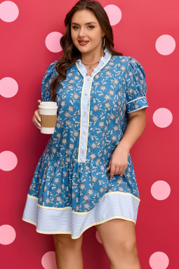 蓝色大码花卉印花条纹拼布细节纽扣正面荷叶边下摆连衣裙