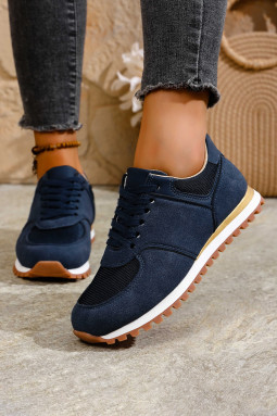 海军蓝色人造绒面革混合拼布复古慢跑运动鞋