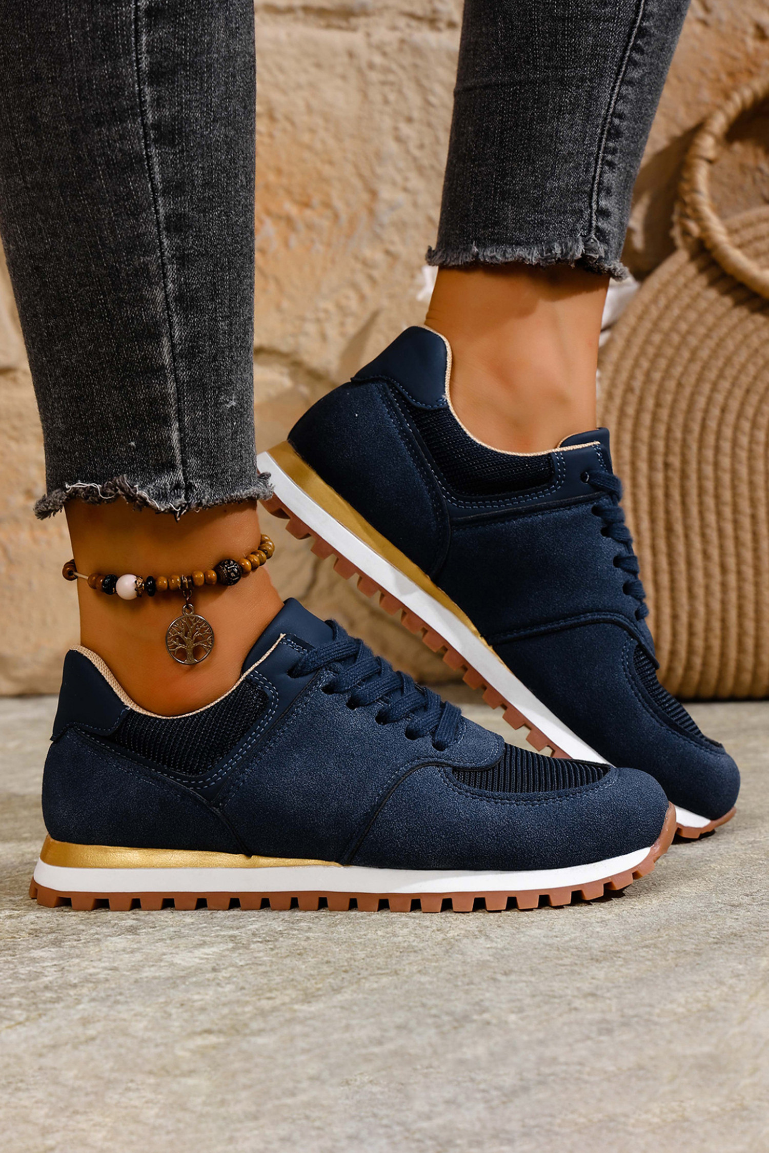 海军蓝色人造绒面革混合拼布复古慢跑运动鞋 BH024183