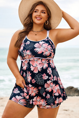 黑色加大码罗纹撞色饰边可调节肩带 2 件套泳衣