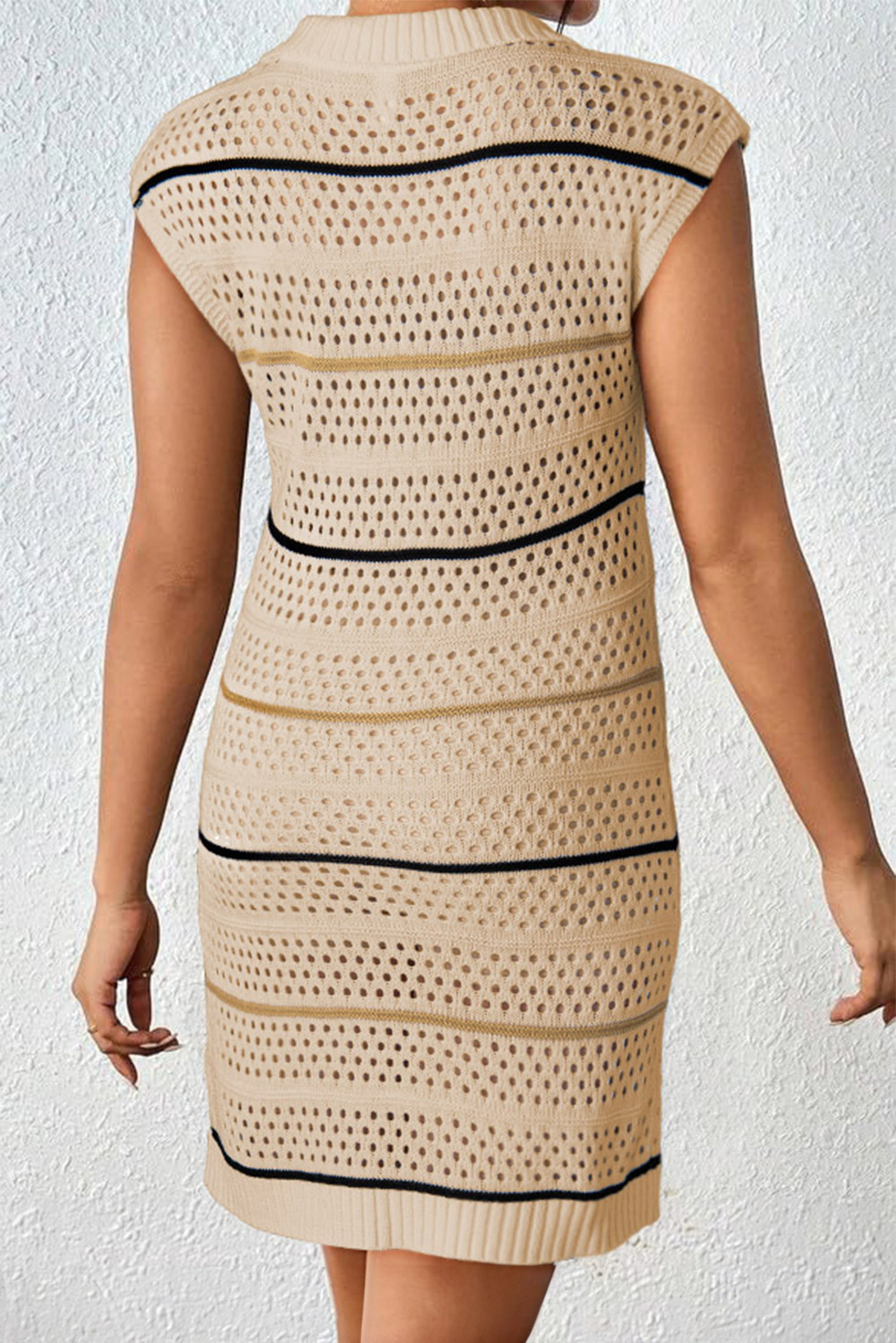 杏色沙滩孔眼钩编针织条纹细节 Polo T 恤连衣裙 LC422447