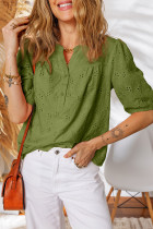 葡萄园绿色蕾丝钩针 V 领半袖刺绣纽扣衬衫休闲衬衫