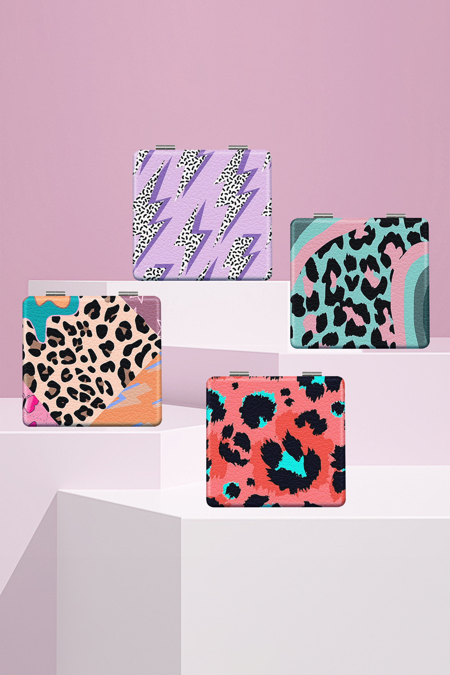 羊皮纸豹纹混合印花双面方形化妆镜 BH061151