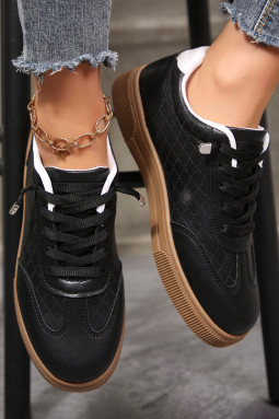 颜色 黑色 麂皮 PU 皮革 拼色饰边系带休闲鞋