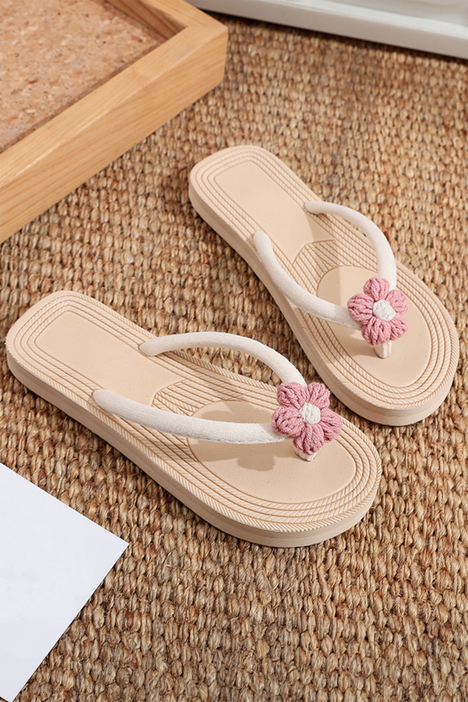 卡其色 Corded Flower 度假休闲人字拖 BH024295