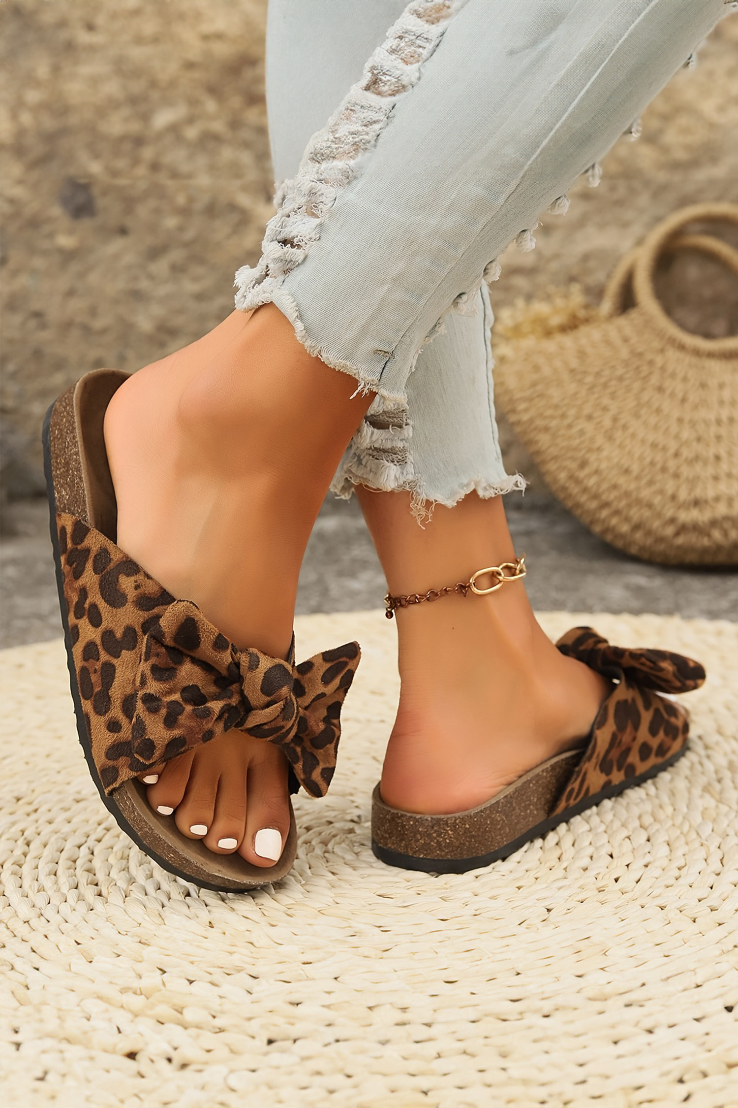 咖啡豹蝴蝶结复古软木拖鞋 BH024297