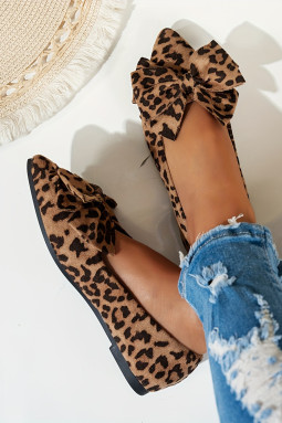 咖啡色仿麂皮豹纹蝴蝶结尖头平底鞋