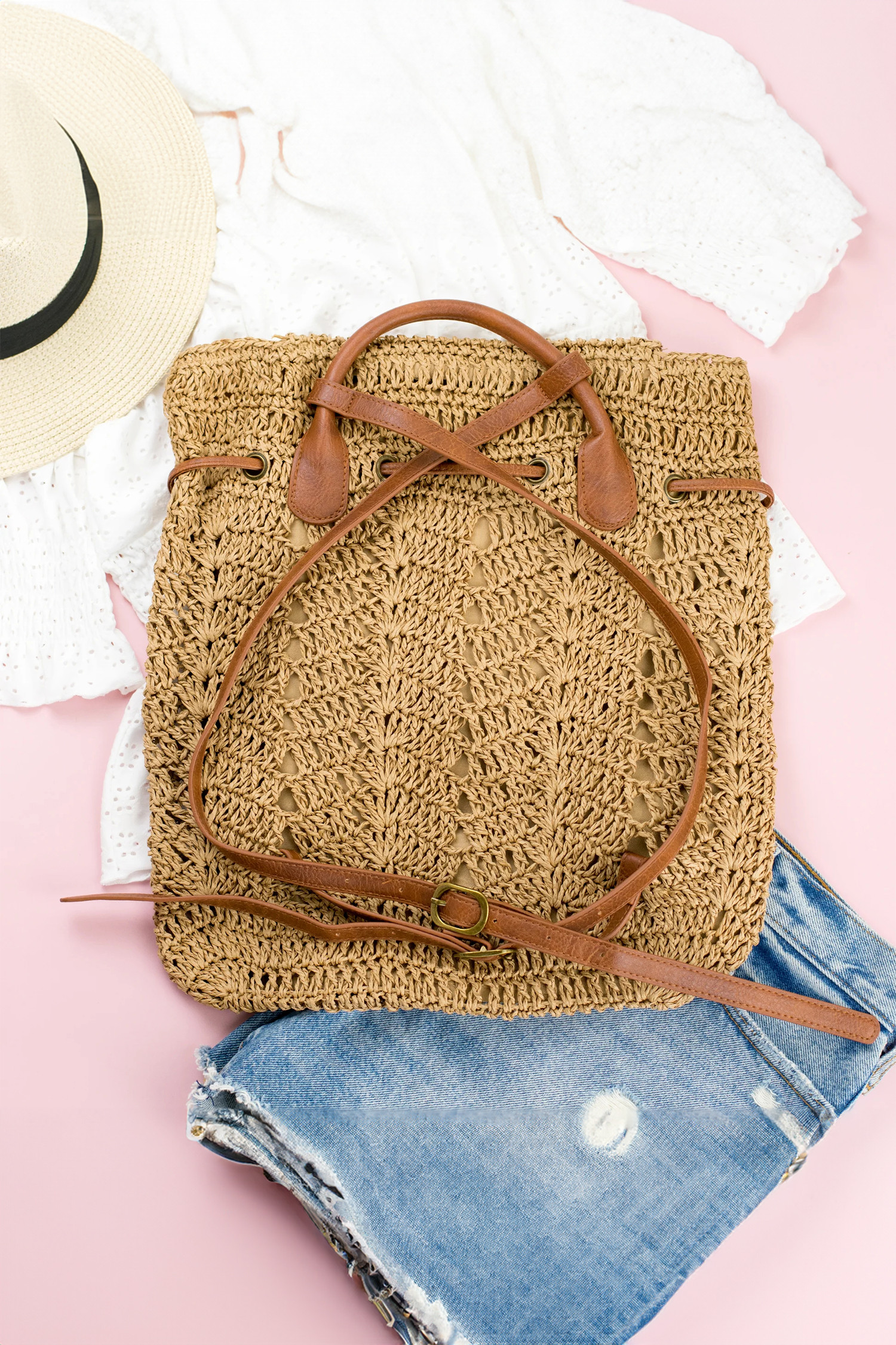 泰式咖喱复古草编PU皮肩带休闲背包 BH031013