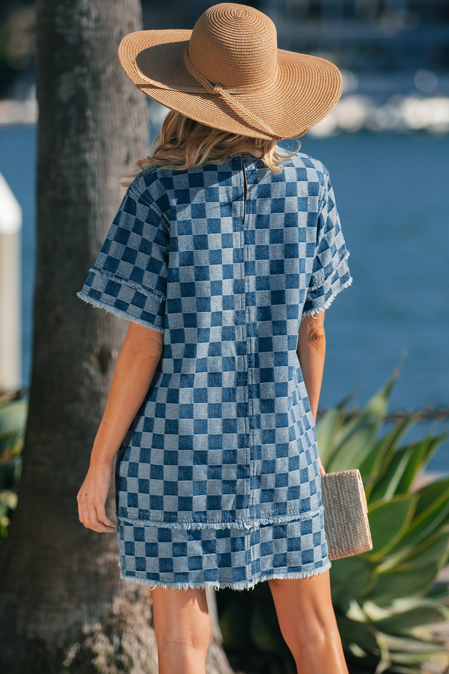 天蓝色磨边下摆格纹牛仔迷你连衣裙 LC7861177