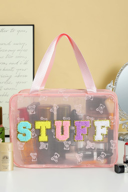 Pink STUFF 雪尼尔字母贴片泰迪熊网状轻质化妆包