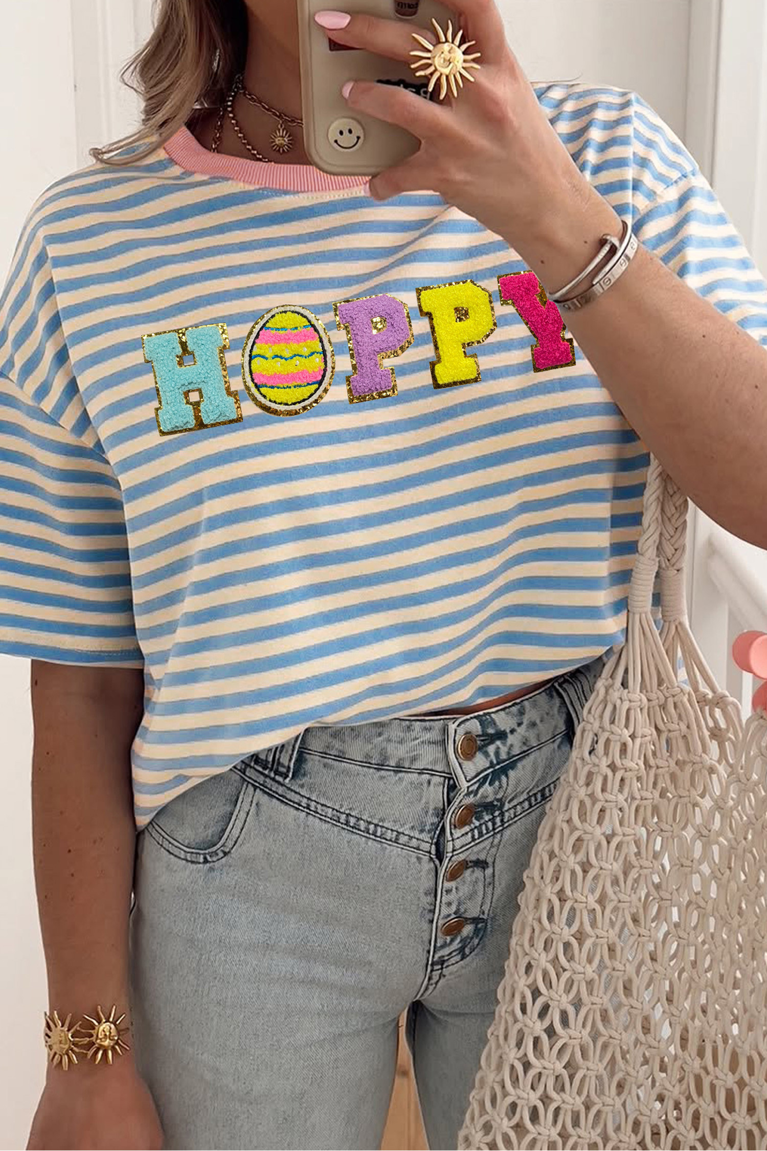 天蓝色条纹 HOPPY 雪尼尔贴花图案圆领 T 恤 LC25231650