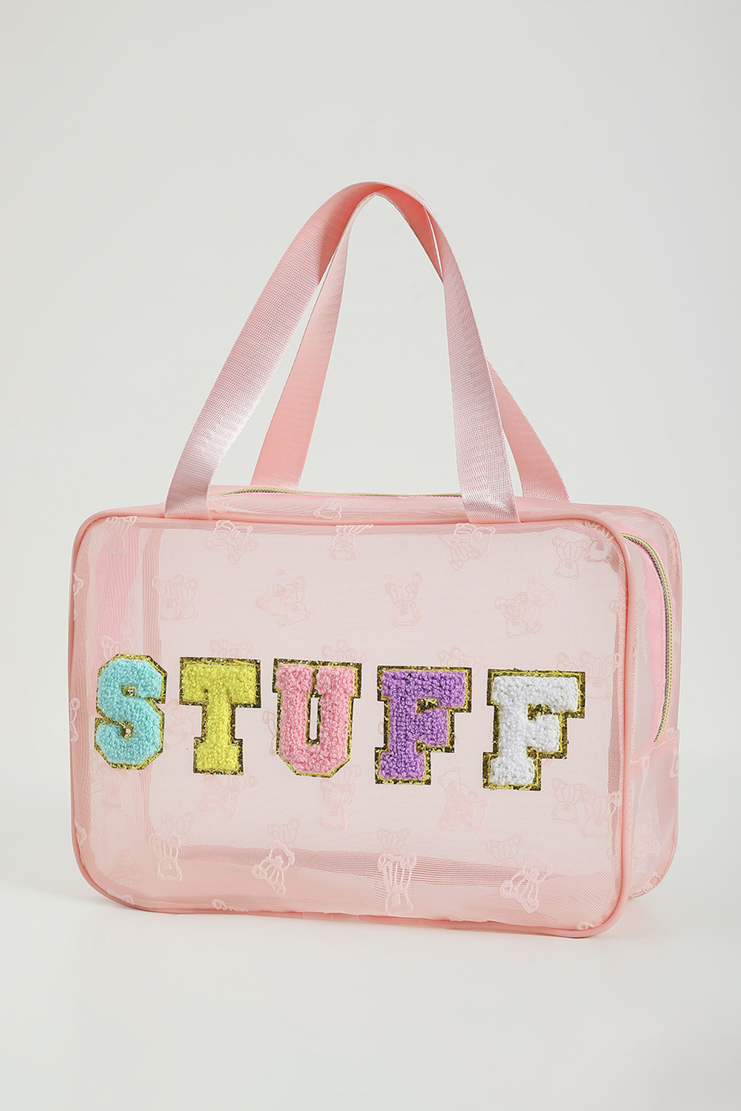 Pink STUFF 雪尼尔字母贴片泰迪熊网状轻质化妆包 BH031607