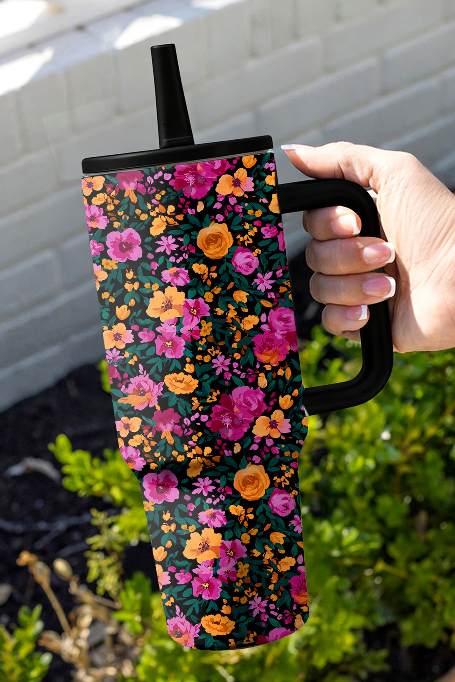 黑色复古碎花翻盖吸管杯 BH052017