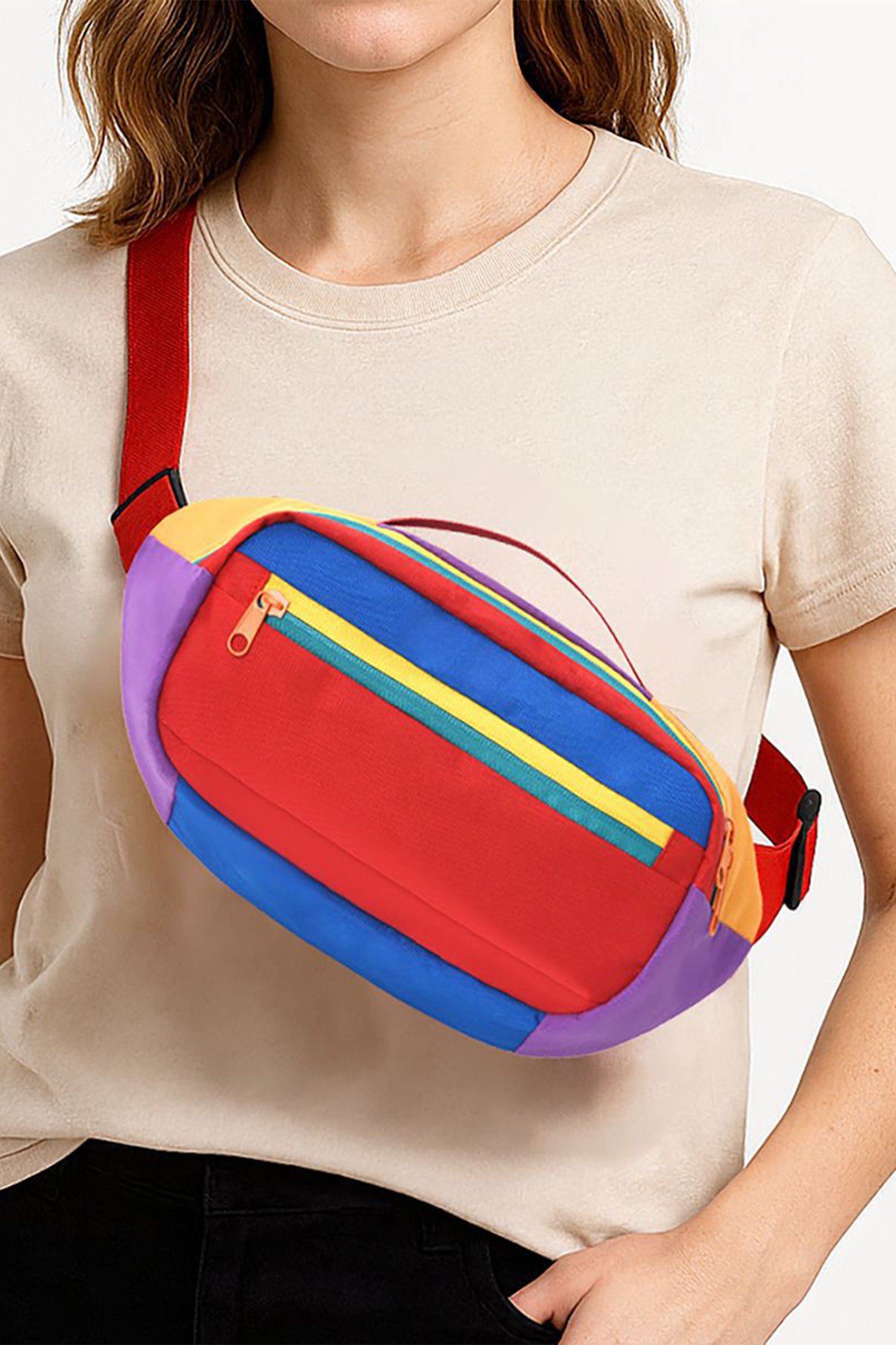 火红色活力拼色帆布腰包腰包 BH031618