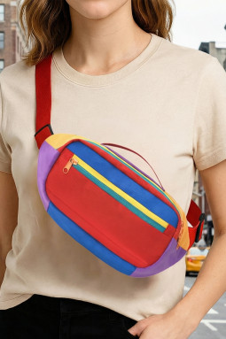 火红色活力拼色帆布腰包腰包