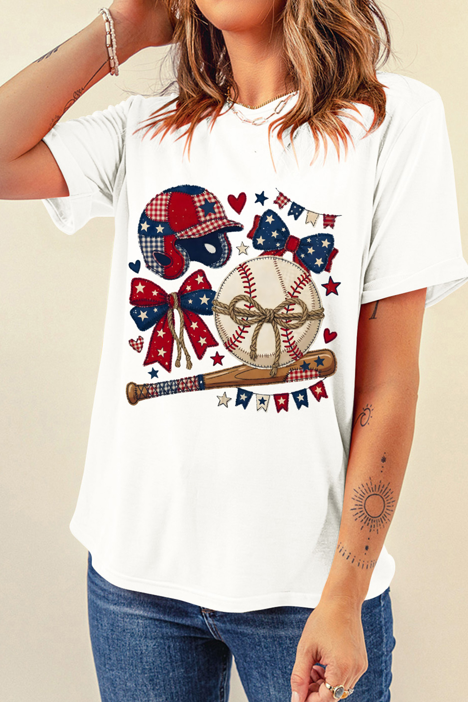 白色美国比赛日时尚棒球印花 T 恤 LC25231134