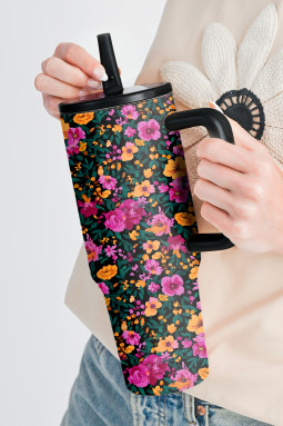 黑色复古碎花翻盖吸管杯