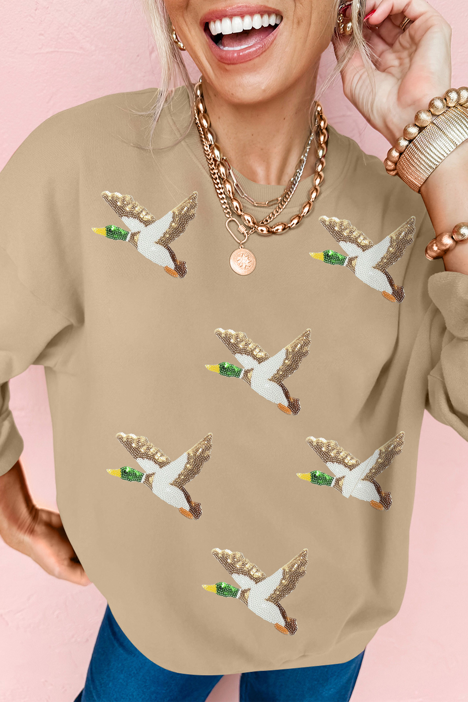 卡其色亮片 Flying Mallard 图案套头衫 LC25231329