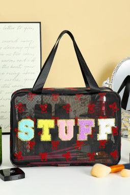 颜色黑色 STUFF 雪尼尔字母贴片泰迪熊网状轻便化妆包