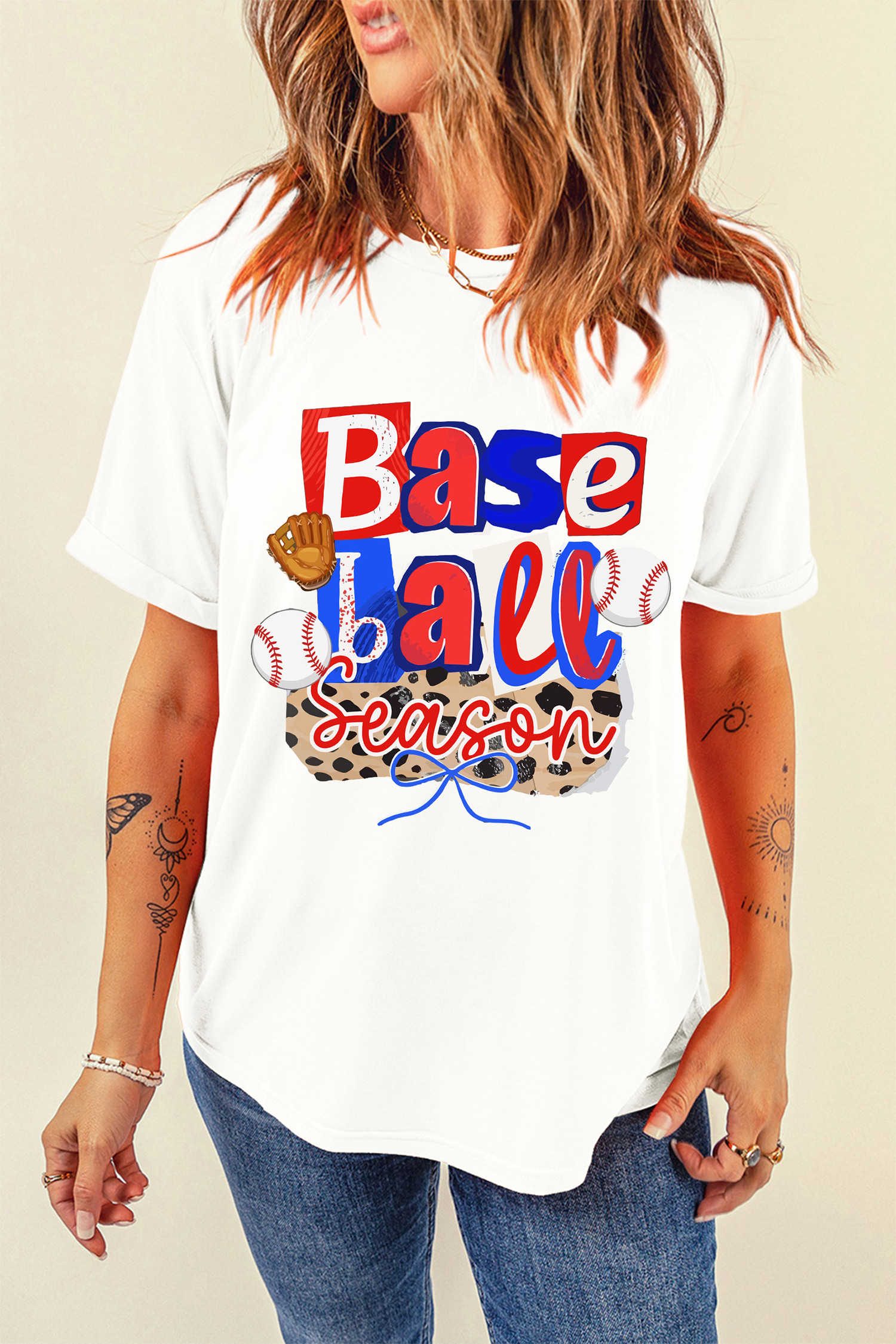 白色棒球季俏皮印花 T 恤 LC25231134
