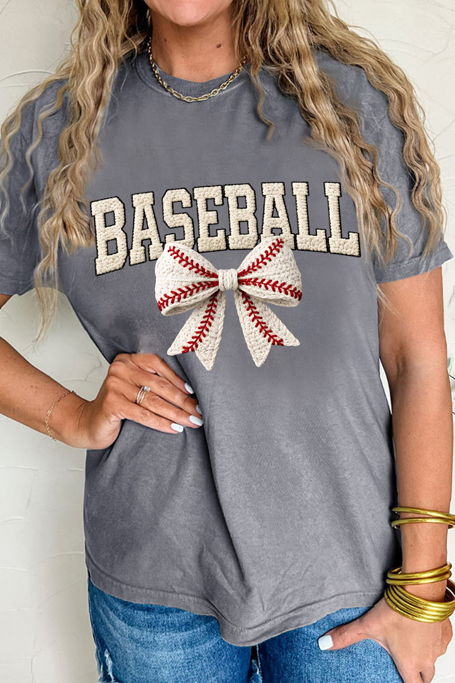 灰色人造梭织棒球蝴蝶结印花 T 恤 LC25231657