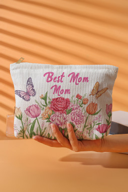白色 Best Mom Mom 蝴蝶花卉印花灯芯绒化妆包