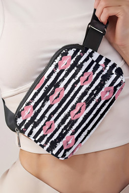 黑色复古染色条纹亲吻嘴唇印花斜挎包