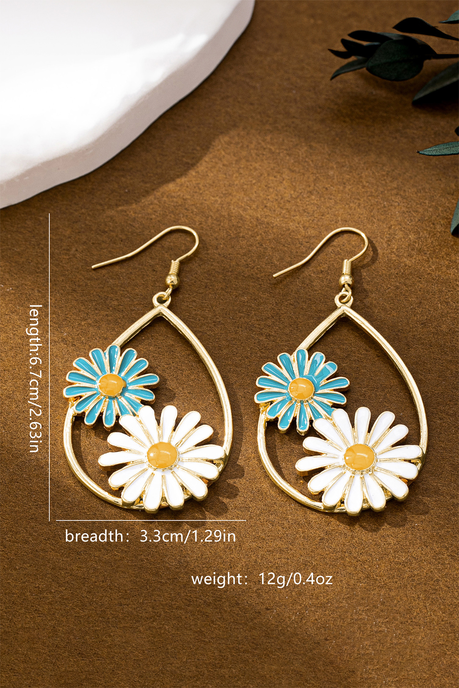 金色双雏菊花水滴耳环 BH014838