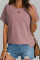 玫瑰棕纯色孔眼提花翻边短袖上衣
