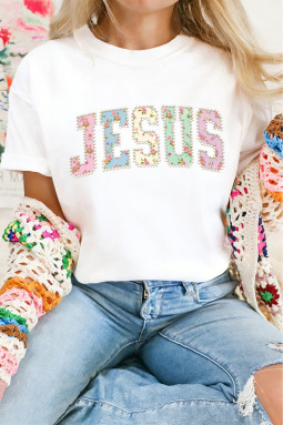 白色 JESUS 花卉珍珠印花字母图案 T 恤