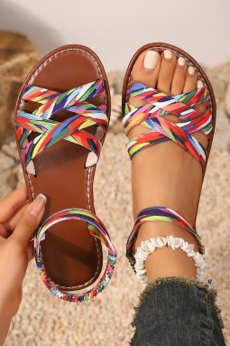 肉桂色彩色笼式带平底罗马带凉鞋