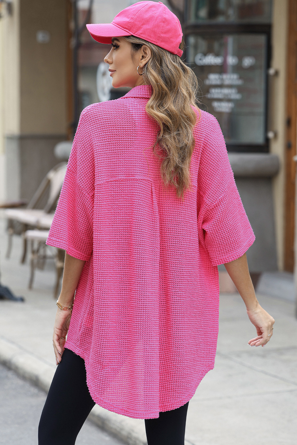 亮粉色华夫格纹理针织纽扣短袖上衣 LC854681