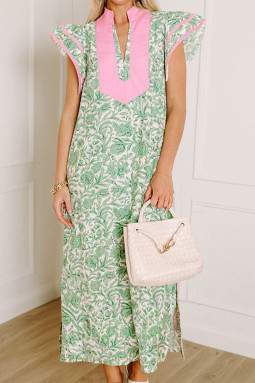 绿色花卉印花拼色 V 领短袖中长连衣裙