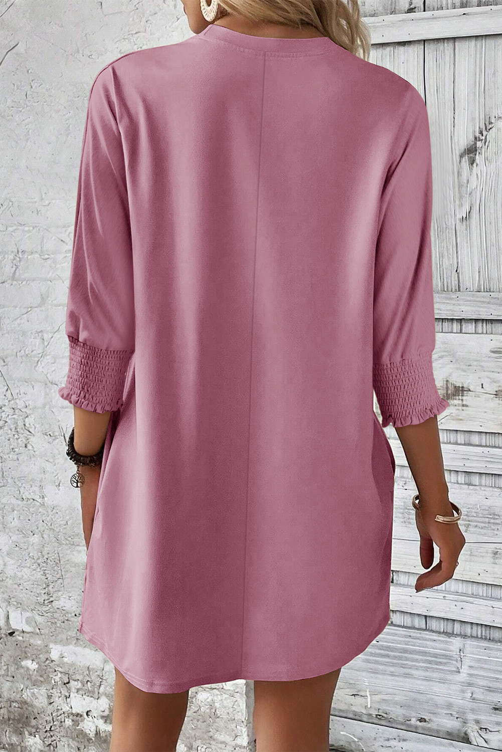 粉色平行绉缝袖口 3/4 袖 T 恤迷你连衣裙 LC6122176