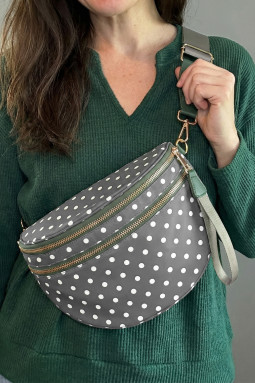 黑绿色复古圆点印花双拉链斜挎包