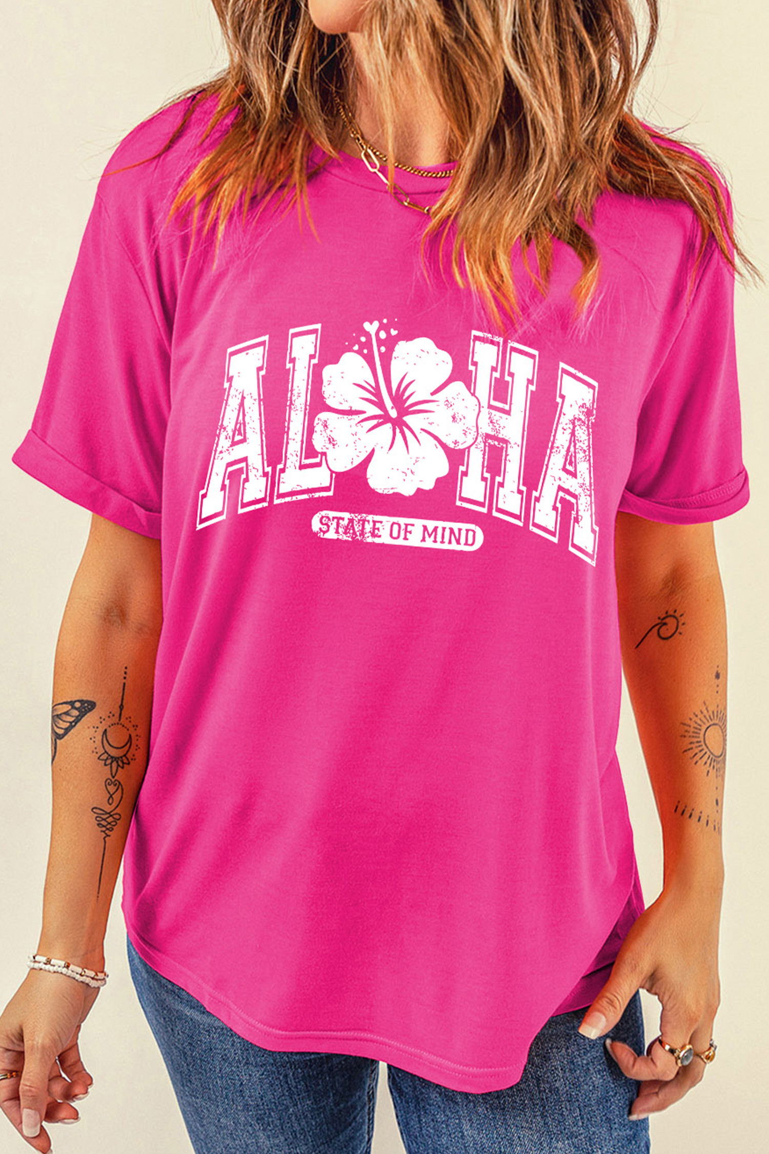 玫瑰红 ALOHA STATE OF MIND 花卉印花 T 恤 LC25231948