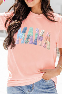 粉色仿拼布印花花卉 MAMA 字母 T 恤