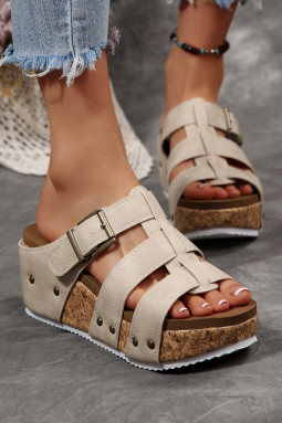 白色复古纯素皮革镶钉 Cage 软木坡跟厚底拖鞋